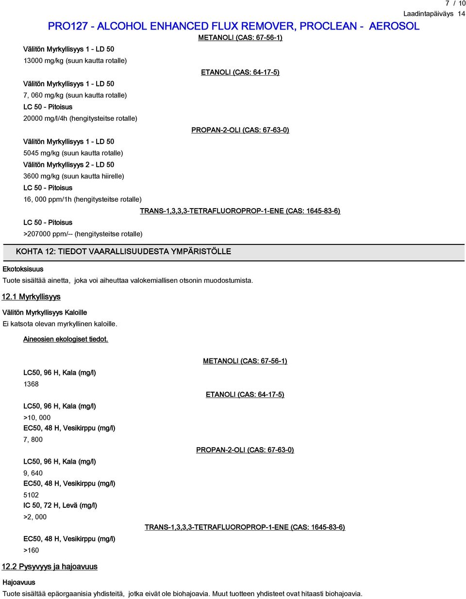 (hengitysteitse rotalle) LC 50 - Pitoisus >207000 ppm/-- (hengitysteitse rotalle) KOHTA 12: TIEDOT VAARALLISUUDESTA YMPÄRISTÖLLE Ekotoksisuus ETANOLI (CAS: 64-17-5) PROPAN-2-OLI (CAS: 67-63-0)