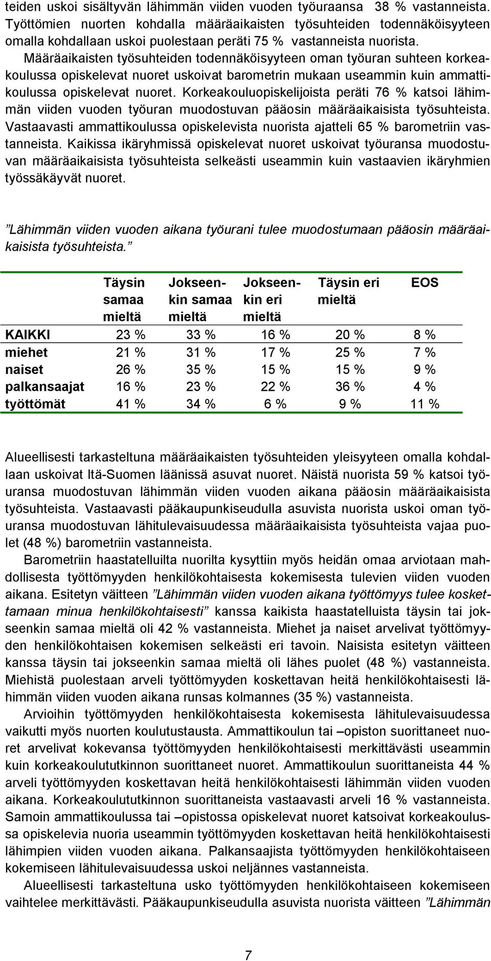 Määräaikaisten työsuhteiden todennäköisyyteen oman työuran suhteen korkeakoulussa opiskelevat nuoret uskoivat barometrin mukaan useammin kuin ammattikoulussa opiskelevat nuoret.