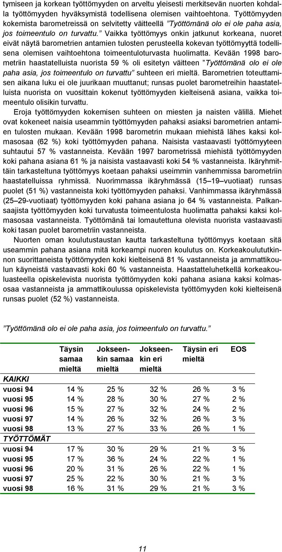 Vaikka työttömyys onkin jatkunut korkeana, nuoret eivät näytä barometrien antamien tulosten perusteella kokevan työttömyyttä todellisena olemisen vaihtoehtona toimeentuloturvasta huolimatta.