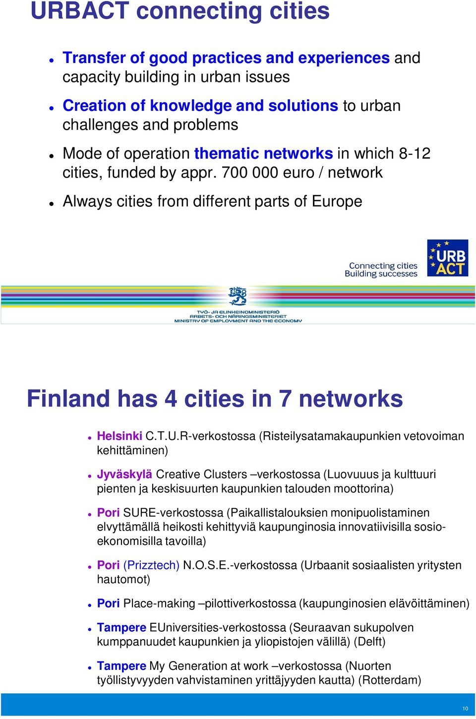 R-verkostossa (Risteilysatamakaupunkien vetovoiman kehittäminen) Jyväskylä Creative Clusters verkostossa (Luovuuus ja kulttuuri pienten ja keskisuurten kaupunkien talouden moottorina) Pori