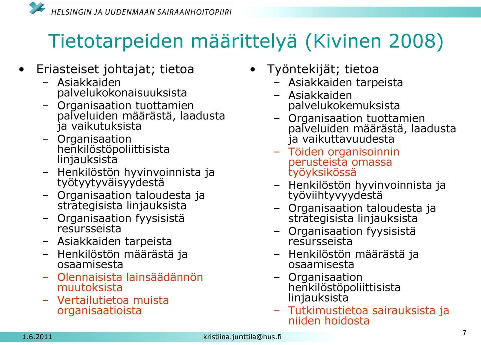 tarpeista Henkilöstön määrästä ja osaamisesta Olennaisista lainsäädännön muutoksista Vertailutietoa muista organisaatioista Työntekijät; tietoa Asiakkaiden tarpeista Asiakkaiden palvelukokemuksista