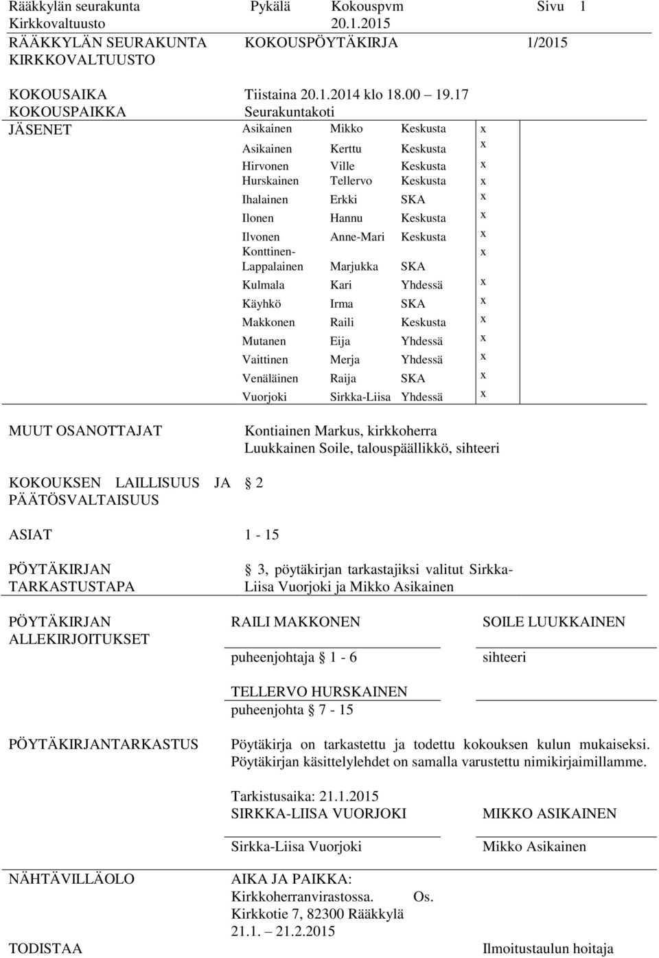 Ilvonen Anne-Mari Keskusta x Konttinen- x Lappalainen Marjukka SKA Kulmala Kari Yhdessä x Käyhkö Irma SKA x Makkonen Raili Keskusta x Mutanen Eija Yhdessä x Vaittinen Merja Yhdessä x Venäläinen Raija