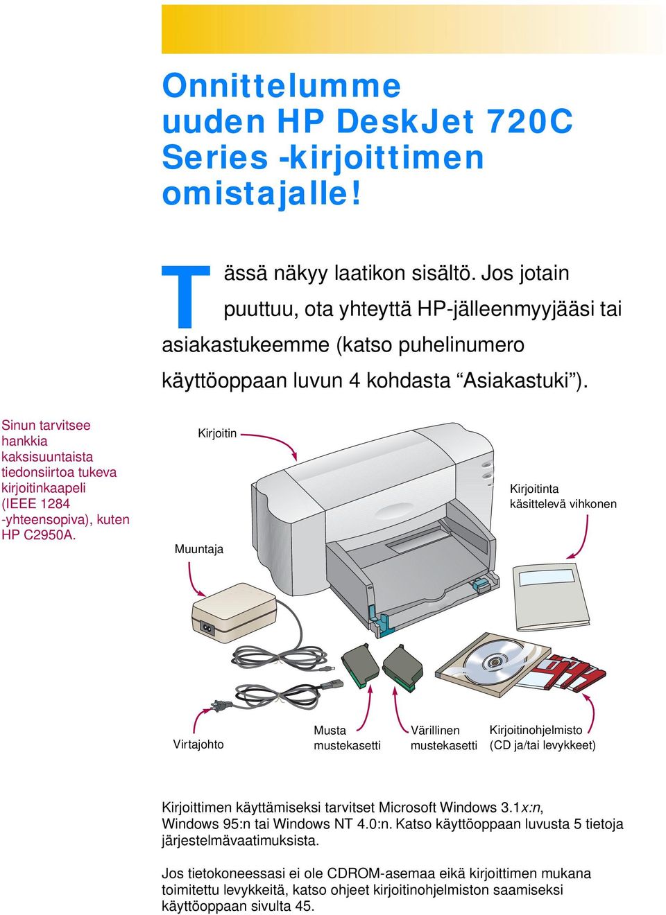 Sinun tarvitsee hankkia kaksisuuntaista tiedonsiirtoa tukeva kirjoitinkaapeli (IEEE 1284 -yhteensopiva), kuten HP C2950A.