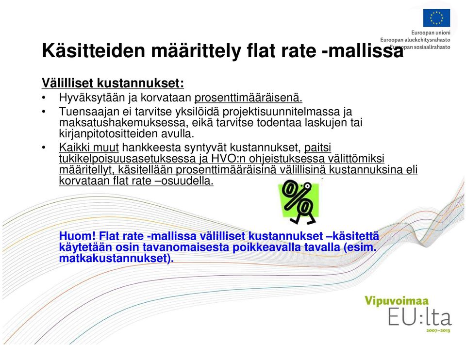 Kaikki muut hankkeesta syntyvät kustannukset, paitsi tukikelpoisuusasetuksessa ja HVO:n ohjeistuksessa välittömiksi määritellyt, käsitellään