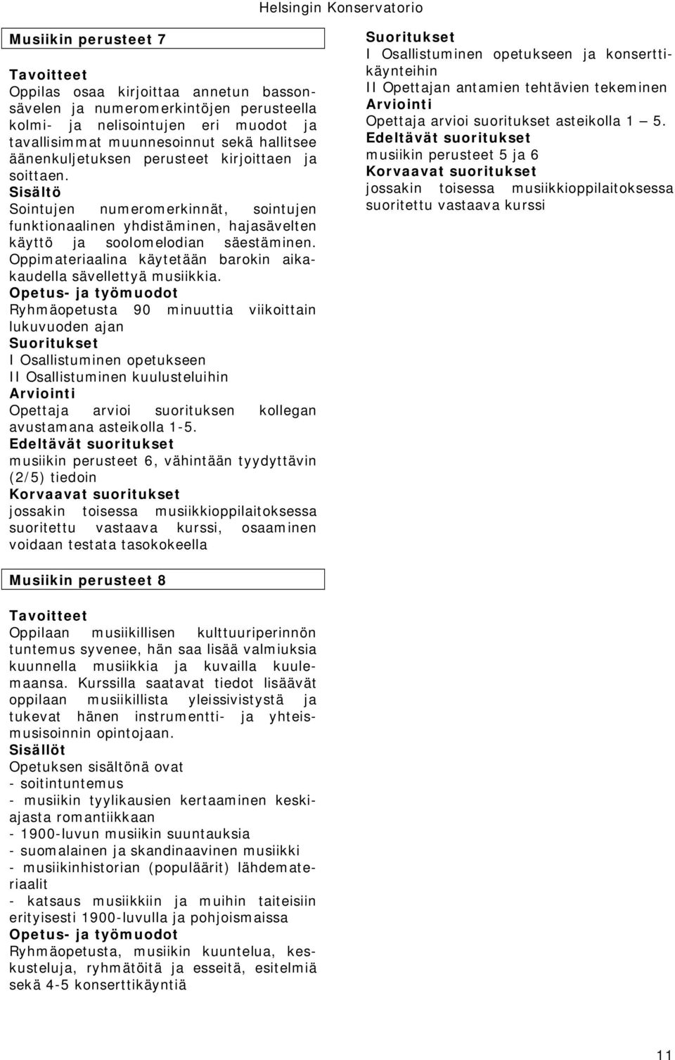 Oppimateriaalina käytetään barokin aikakaudella sävellettyä musiikkia. Ryhmäopetusta 90 minuuttia viikoittain Opettaja arvioi suorituksen kollegan avustamana asteikolla 1-5.