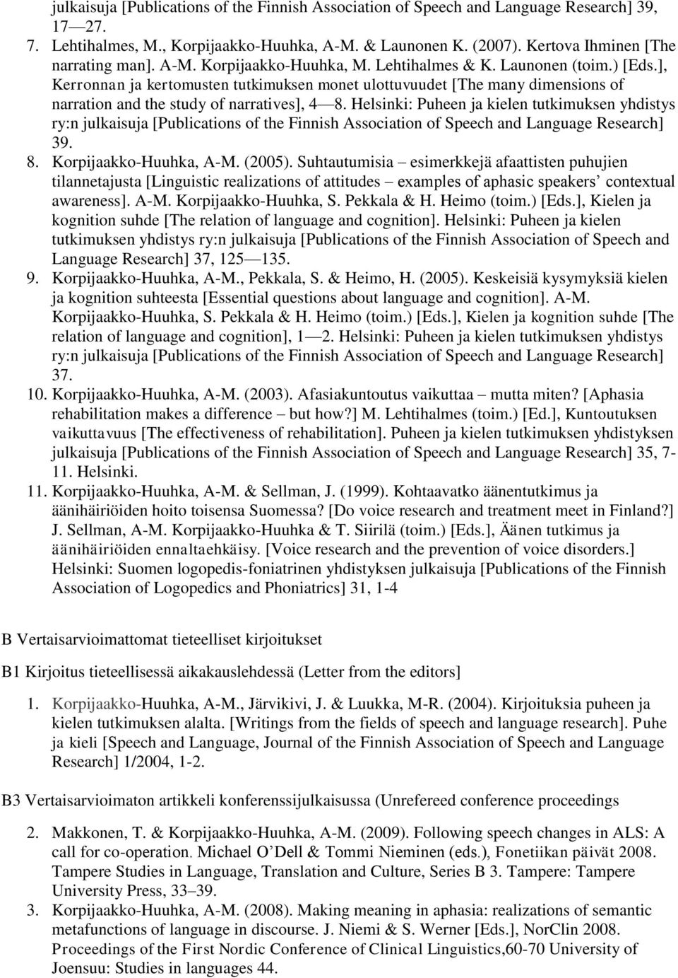 Helsinki: Puheen ja kielen tutkimuksen yhdistys ry:n julkaisuja [Publications of the Finnish Association of Speech and Language Research] 39. 8. Korpijaakko-Huuhka, A-M. (2005).
