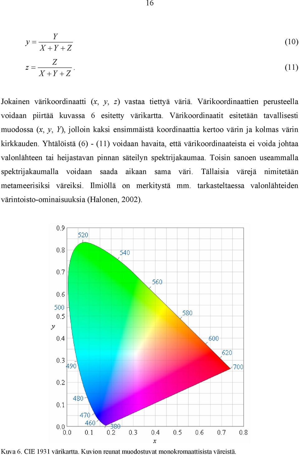 Yhtälöistä (6) - (11) voidaan havaita, että värikoordinaateista ei voida johtaa valonlähteen tai heijastavan pinnan säteilyn spektrijakaumaa.