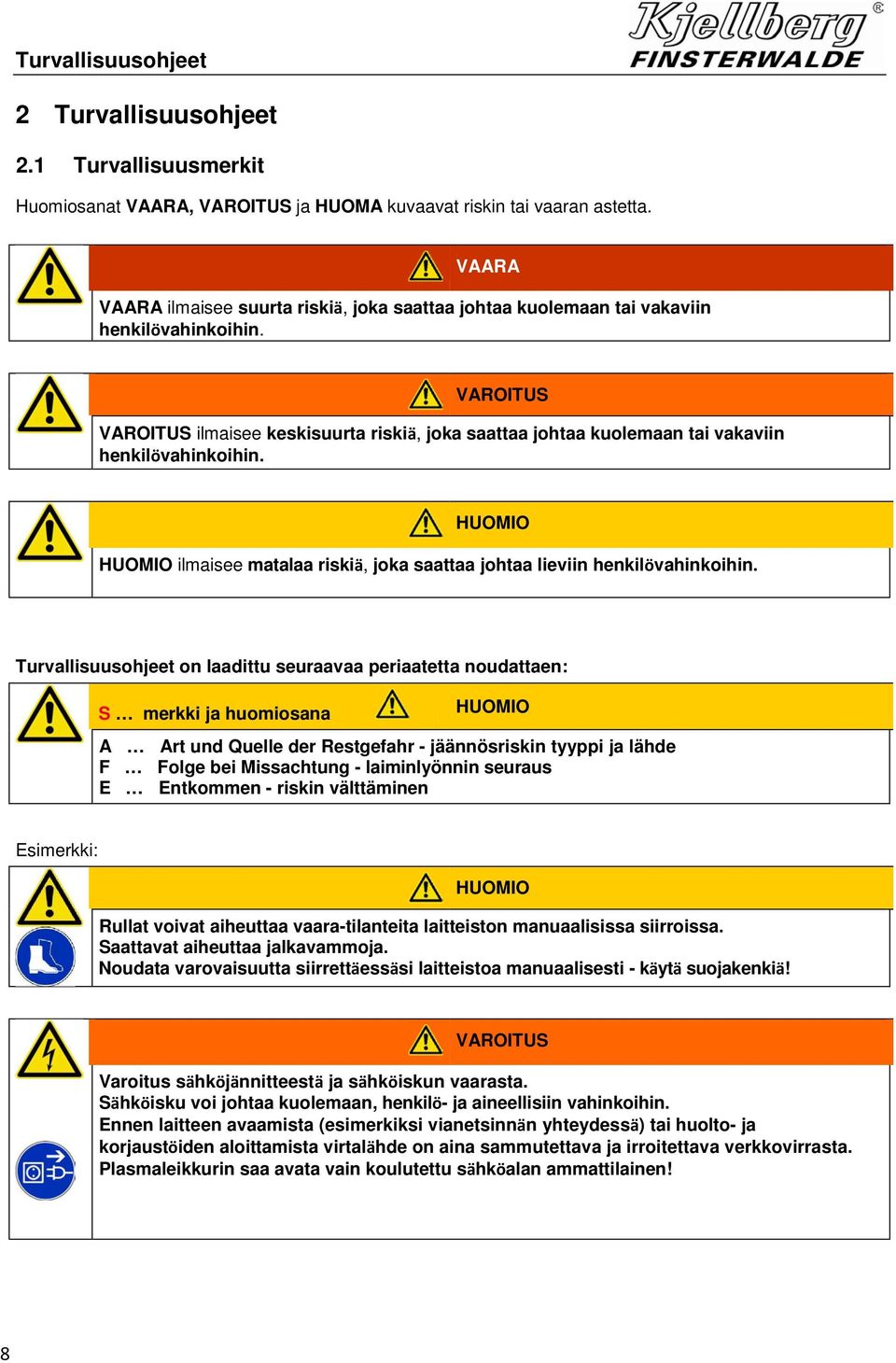 VAROITUS VAROITUS ilmaisee keskisuurta riskiä, joka saattaa johtaa kuolemaan tai vakaviin henkilövahinkoihin. HUOMIO HUOMIO ilmaisee matalaa riskiä, joka saattaa johtaa lieviin henkilövahinkoihin.