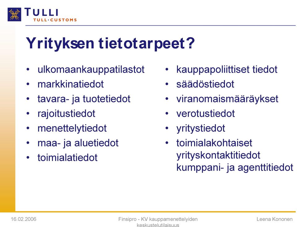 menettelytiedot maa- ja aluetiedot toimialatiedot kauppapoliittiset tiedot