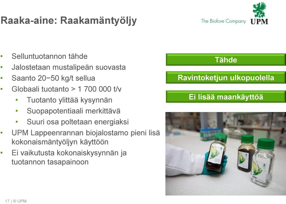 osa poltetaan energiaksi UPM Lappeenrannan biojalostamo pieni lisä kokonaismäntyöljyn käyttöön Ei