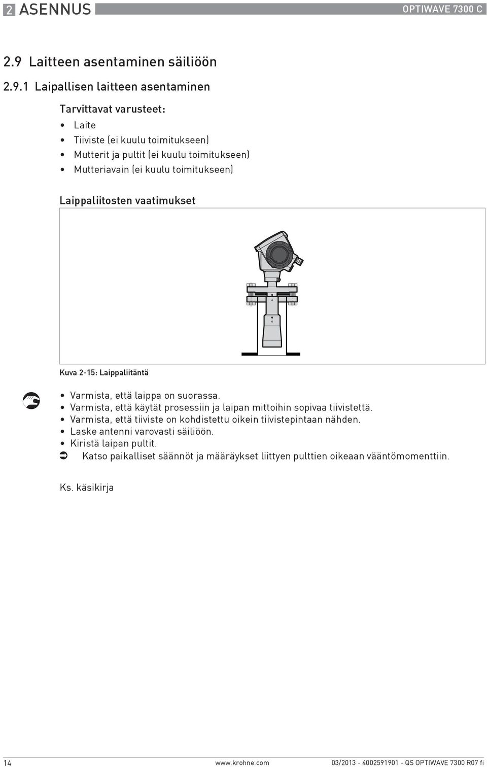 1 Laipallisen laitteen asentaminen Tarvittavat varusteet: Laite Tiiviste (ei kuulu toimitukseen) Mutterit ja pultit (ei kuulu toimitukseen) Mutteriavain (ei