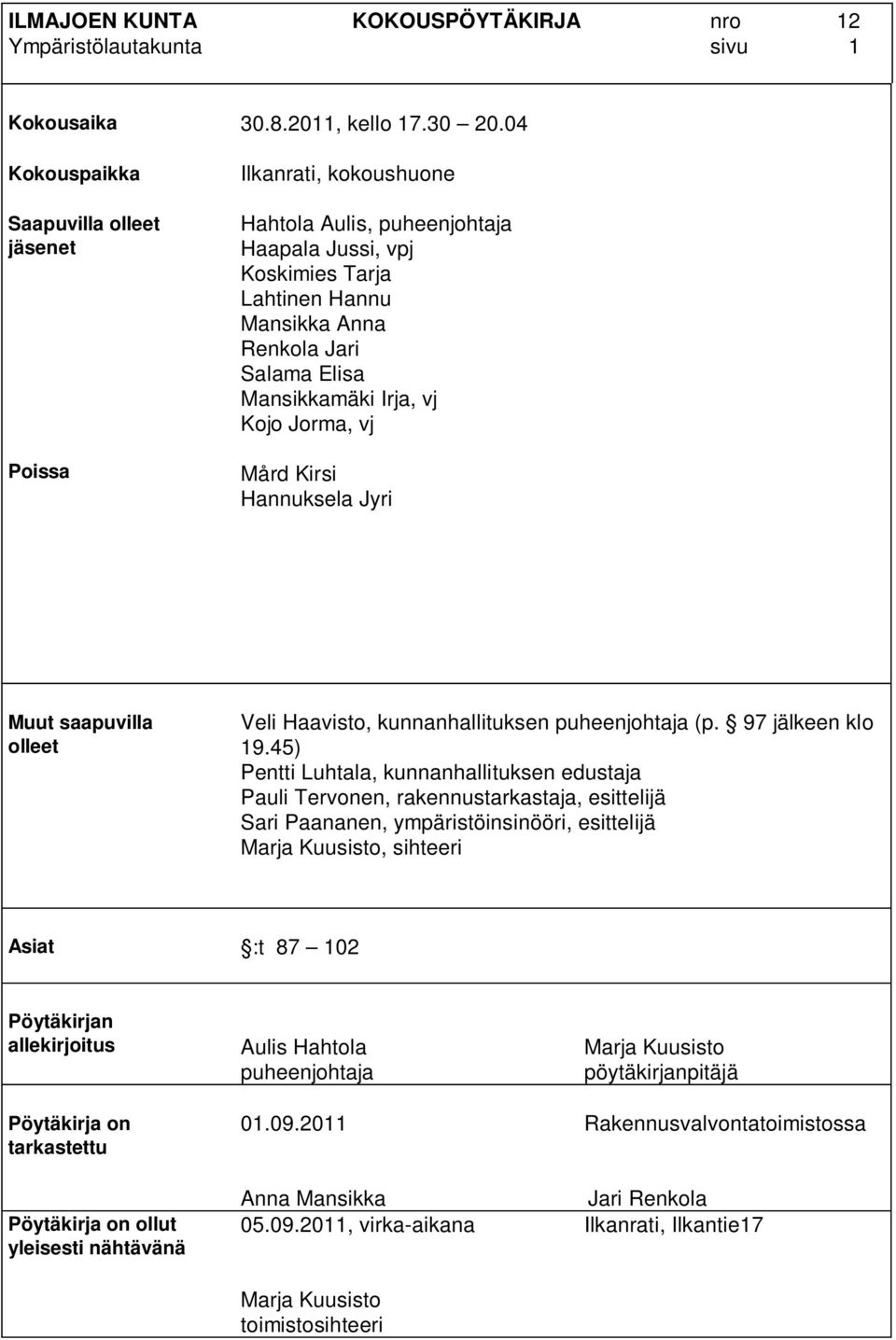 Mansikkamäki Irja, vj Kojo Jorma, vj Mård Kirsi Hannuksela Jyri Muut saapuvilla olleet Veli Haavisto, kunnanhallituksen puheenjohtaja (p. 97 jälkeen klo 19.