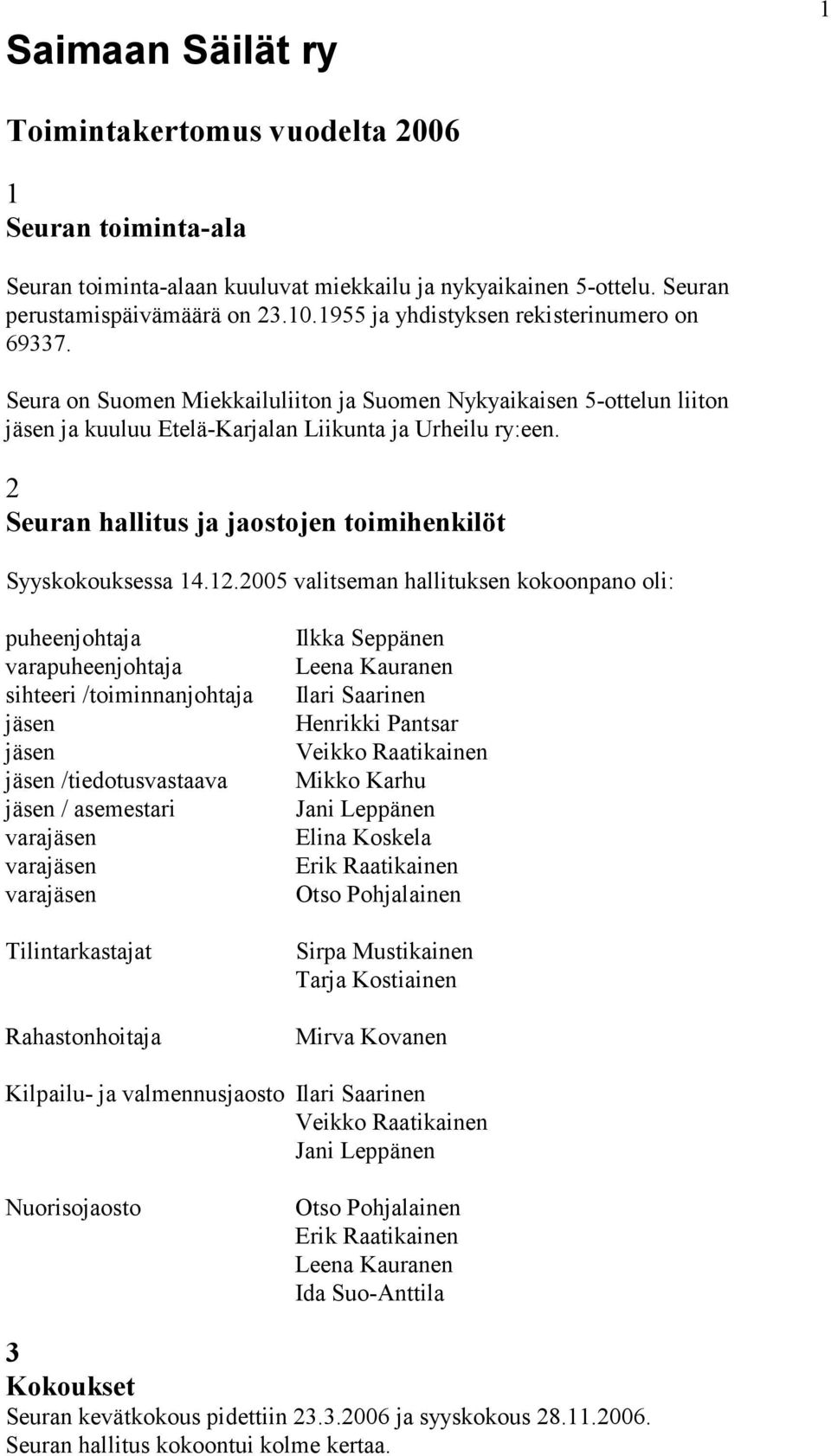 2 Seuran hallitus ja jaostojen toimihenkilöt Syyskokouksessa 14.12.