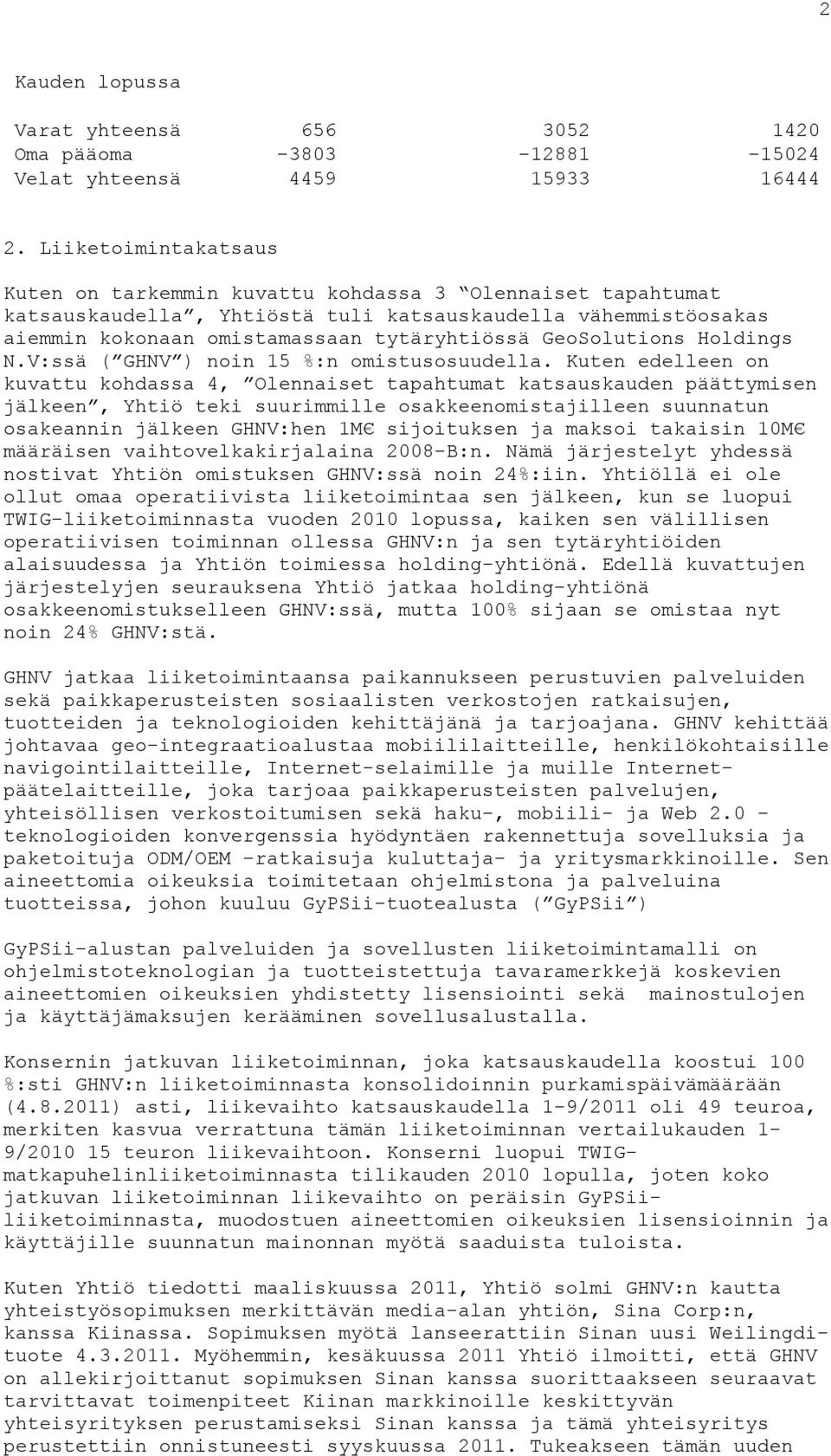 GeoSolutions Holdings N.V:ssä ( GHNV ) noin 15 %:n omistusosuudella.