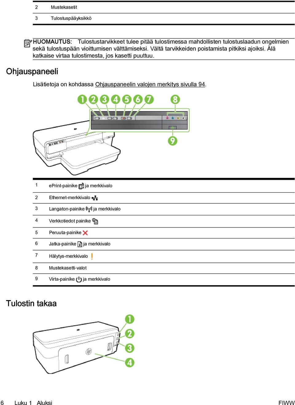 Ohjauspaneeli Lisätietoja on kohdassa Ohjauspaneelin valojen merkitys sivulla 94.