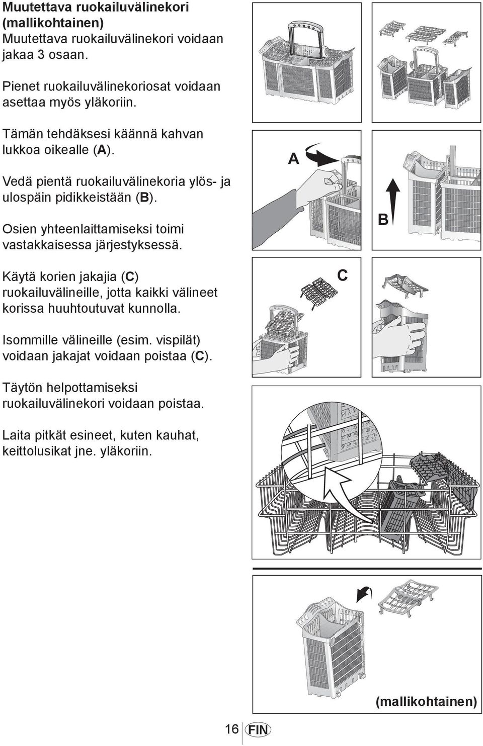 Osien yhteenlaittamiseksi toimi vastakkaisessa järjestyksessä. Käytä korien jakajia (C) ruokailuvälineille, jotta kaikki välineet korissa huuhtoutuvat kunnolla.