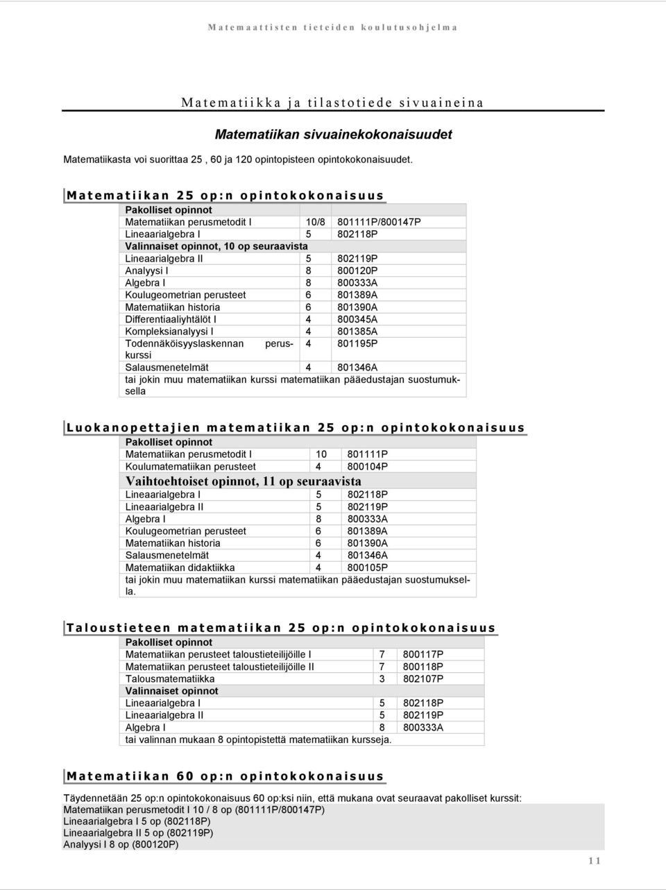 802119P Analyysi I 8 800120P Algebra I 8 800333A Koulugeometrian perusteet 6 801389A Matematiikan historia 6 801390A Differentiaaliyhtälöt I 4 800345A Kompleksianalyysi I 4 801385A