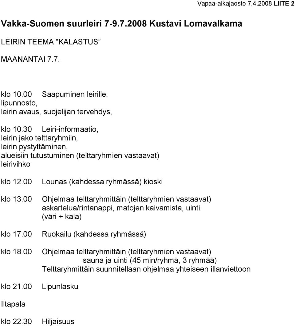 30 Leiri-informaatio, leirin jako telttaryhmiin, leirin pystyttäminen, alueisiin tutustuminen (telttaryhmien vastaavat) leirivihko klo 12.00 klo 13.00 klo 17.00 klo 18.00 klo 21.