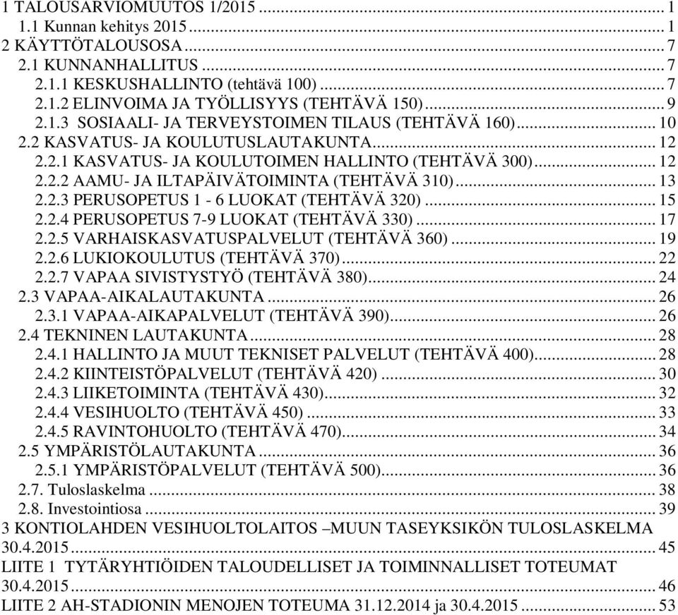 .. 15 2.2.4 PERUSOPETUS 7-9 LUOKAT (TEHTÄVÄ 330)... 17 2.2.5 VARHAISKASVATUSPALVELUT (TEHTÄVÄ 360)... 19 2.2.6 LUKIOKOULUTUS (TEHTÄVÄ 370)... 22 2.2.7 VAPAA SIVISTYSTYÖ (TEHTÄVÄ 380)... 24 2.