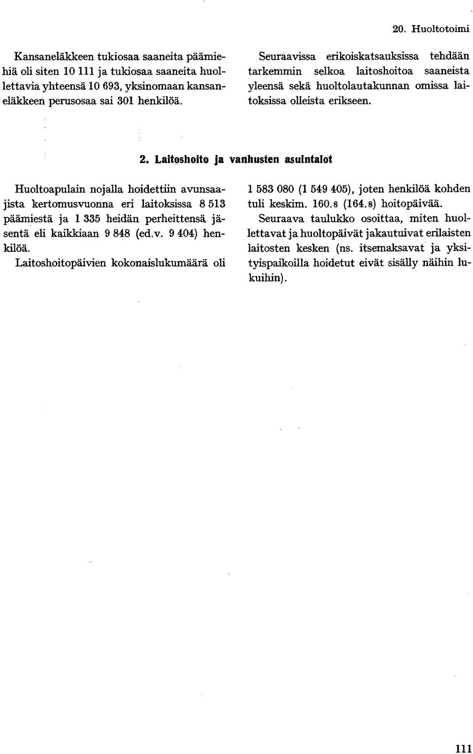 Laitoshoito ja vanhusten asuintalot Huoltoapulain nojalla hoidettiin avunsaajista kertomusvuonna eri laitoksissa 8 513 päämiestä ja 1 335 heidän perheittensä jäsentä eli kaikkiaan 9 848 (ed.v. 9 404) henkilöä.