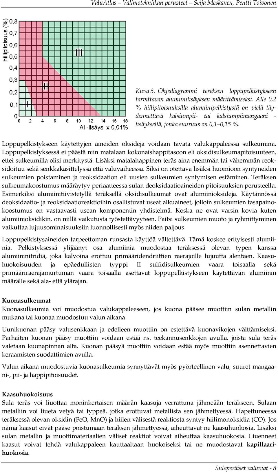 Loppupelkistykseen käytettyjen aineiden oksideja voidaan tavata valukappaleessa sulkeumina.