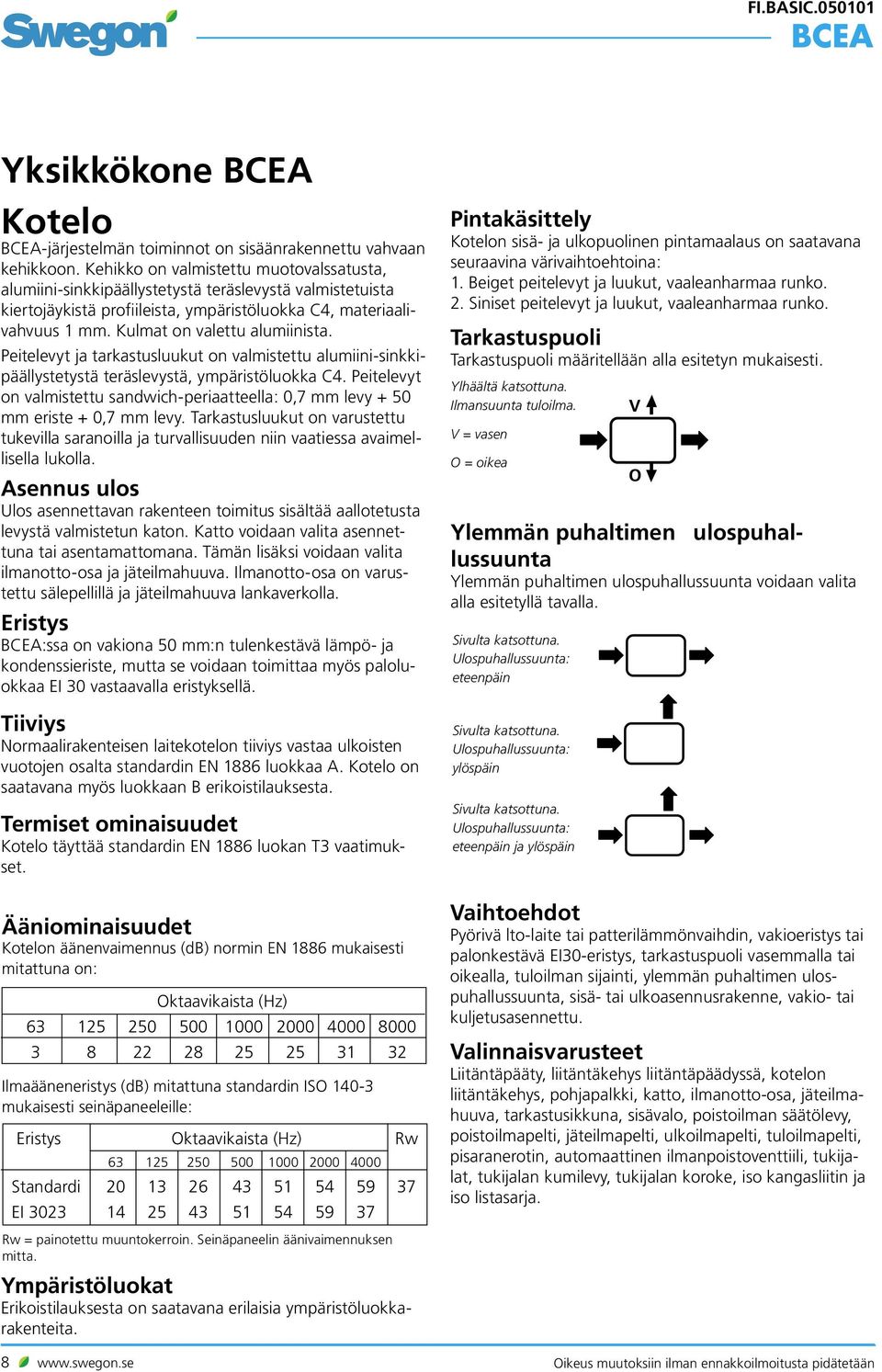 Kulmat on valettu alumiinista. Peitelevyt ja tarkastusluukut on valmistettu alumiini-sinkkipäällystetystä teräslevystä, ympäristöluokka C.