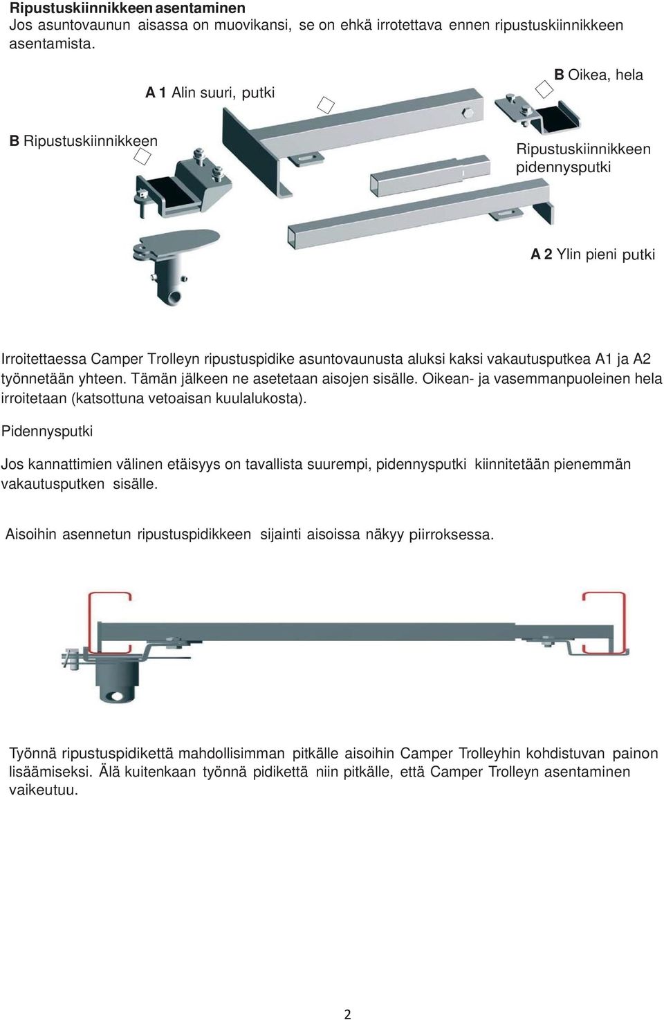 vakautusputkea A1 ja A2 työnnetään yhteen. Tämän jälkeen ne asetetaan aisojen sisälle. Oikean- ja vasemmanpuoleinen hela irroitetaan (katsottuna vetoaisan kuulalukosta).