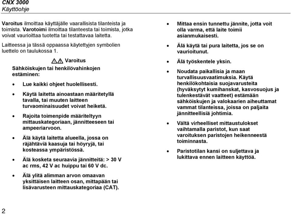 Käytä laitetta ainoastaan määritetyllä tavalla, tai muuten laitteen turvaominaisuudet voivat heiketä. Rajoita toimenpide määriteltyyn mittauskategoriaan, jännitteeseen tai ampeeriarvoon.