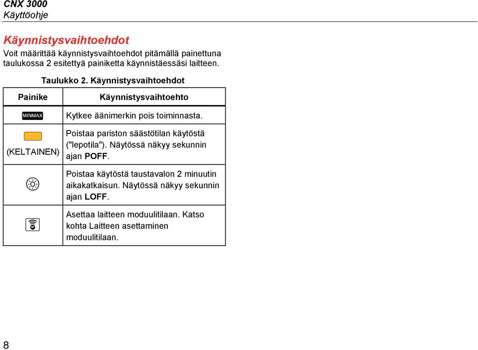 Käynnistysvaihtoehdot Painike (KELTAINEN) Käynnistysvaihtoehto Kytkee äänimerkin pois toiminnasta.