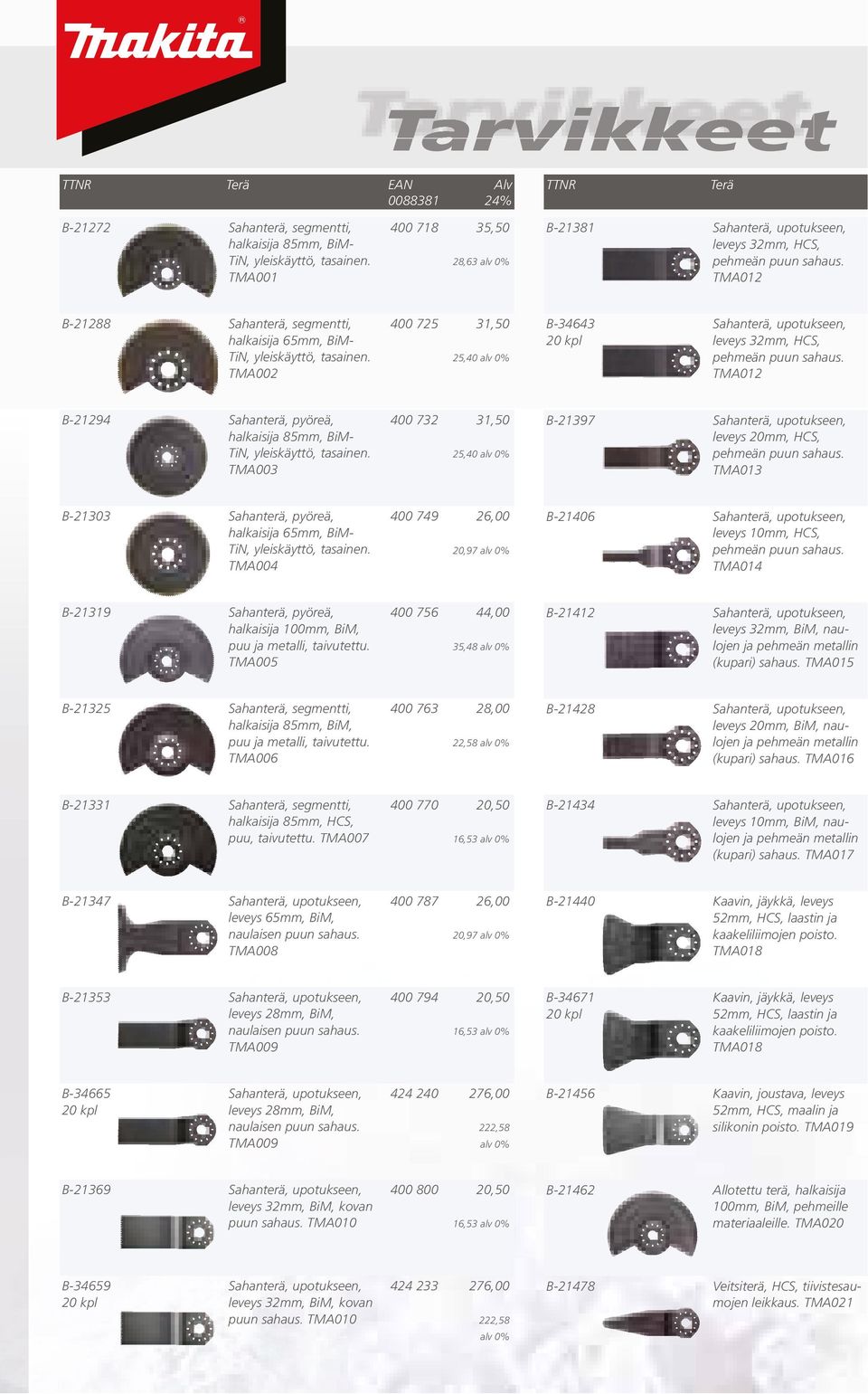 TMA002 400 725 31,50 25,40 alv 0% B-34643 20 kpl Sahanterä, upotukseen, leveys 32mm, HCS, pehmeän puun sahaus. TMA012 B-21294 Sahanterä, pyöreä, halkaisija 85mm, BiM- TiN, yleiskäyttö, tasainen.