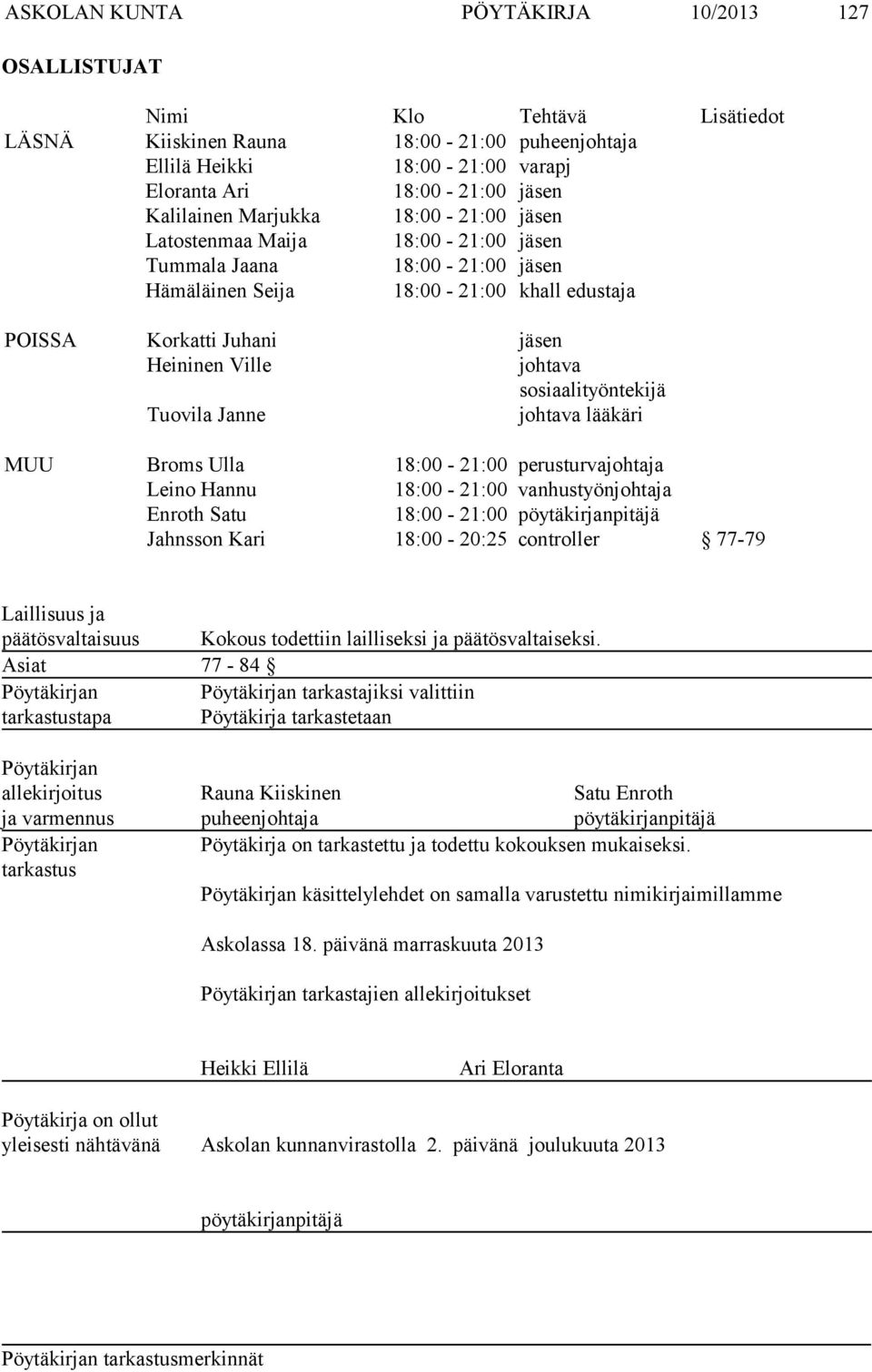 johtava sosiaalityöntekijä Tuovila Janne johtava lääkäri MUU Broms Ulla 18:00-21:00 perusturvajohtaja Leino Hannu 18:00-21:00 vanhustyönjohtaja Enroth Satu 18:00-21:00 pöytäkirjanpitäjä Jahnsson Kari