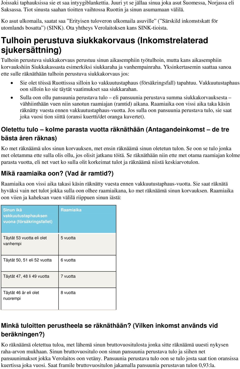 Tulhoin perustuva siukkakorvaus (Inkomstrelaterad sjukersättning) Tulhoin perustuva siukkakorvaus perustuu sinun aikasemphiin työtulhoin, mutta kans aikasemphiin korvaukshiin Siukkakassasta