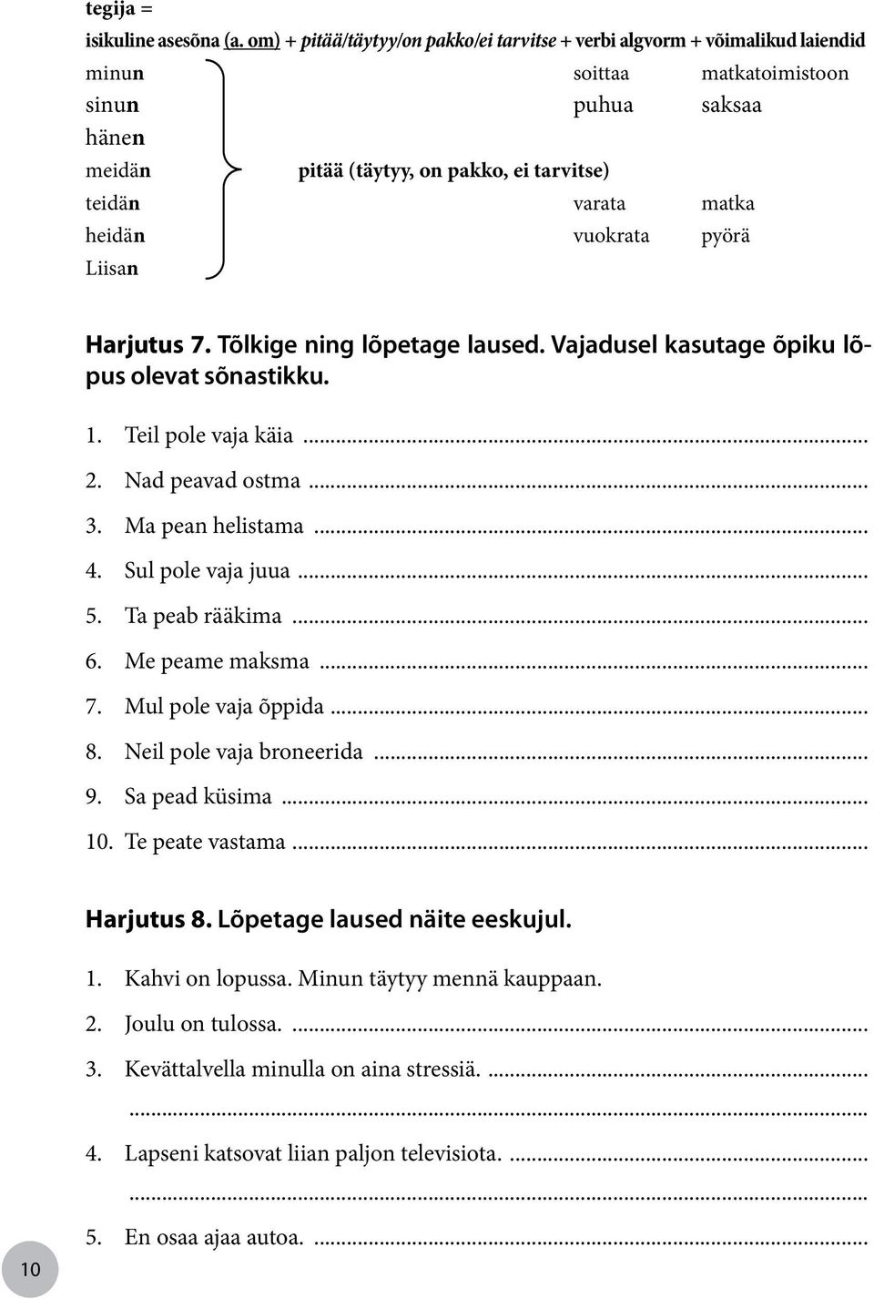 heidän vuokrata pyörä Liisan Harjutus 7. Tõlkige ning lõpetage laused. Vajadusel kasutage õpiku lõpus olevat sõnastikku. 1. Teil pole vaja käia... 2. Nad peavad ostma... 3. Ma pean helistama... 4.