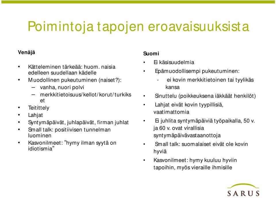 ilman syytä on idiotismia Suomi Ei käsisuudelmia Epämuodollisempi pukeutuminen: - ei kovin merkkitietoinen tai tyylikäs kansa Sinuttelu (poikkeuksena iäkkäät henkilöt) Lahjat eivät kovin