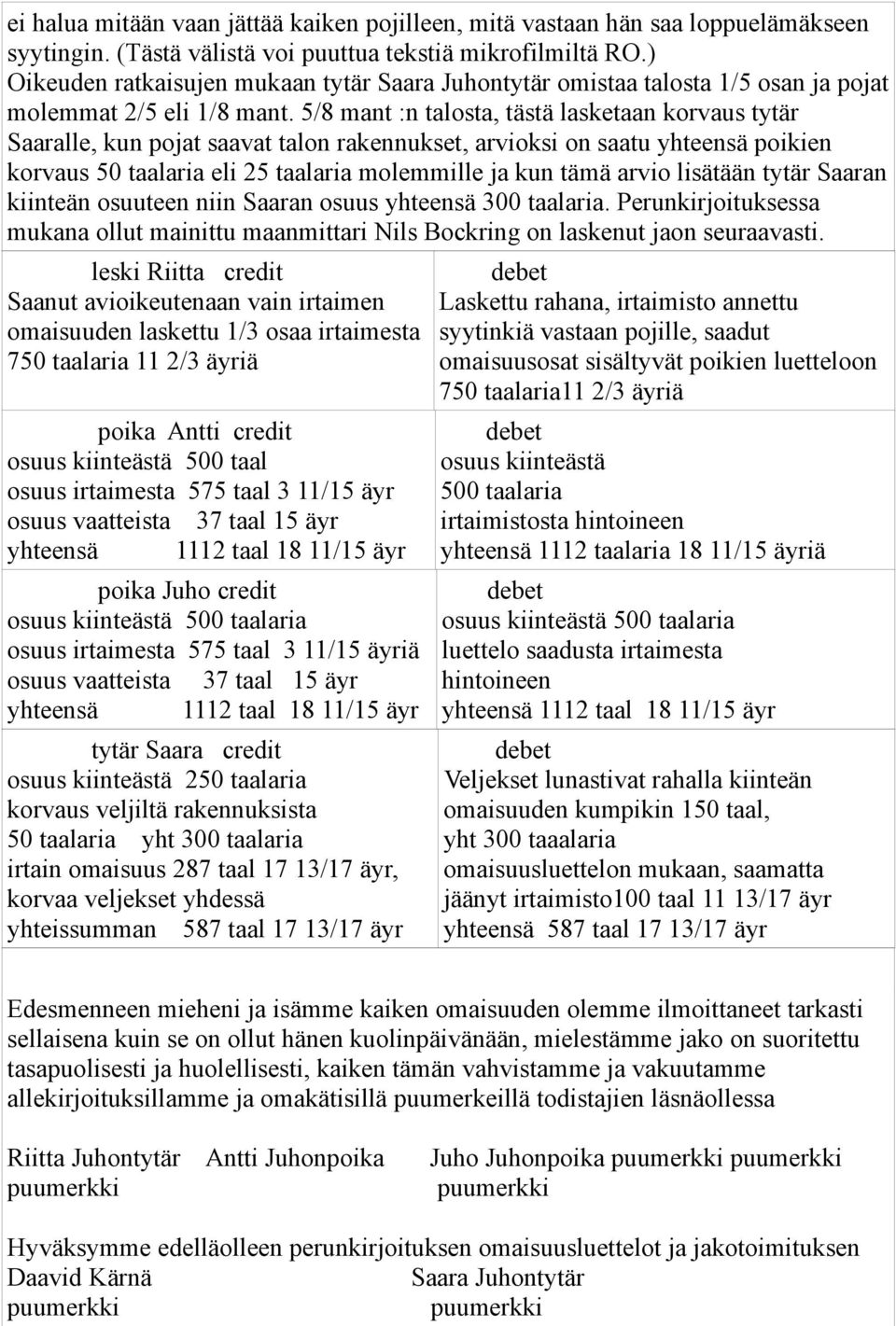 5/8 mant :n talosta, tästä lasketaan korvaus tytär Saaralle, kun pojat saavat talon rakennukset, arvioksi on saatu yhteensä poikien korvaus 50 taalaria eli 25 taalaria molemmille ja kun tämä arvio