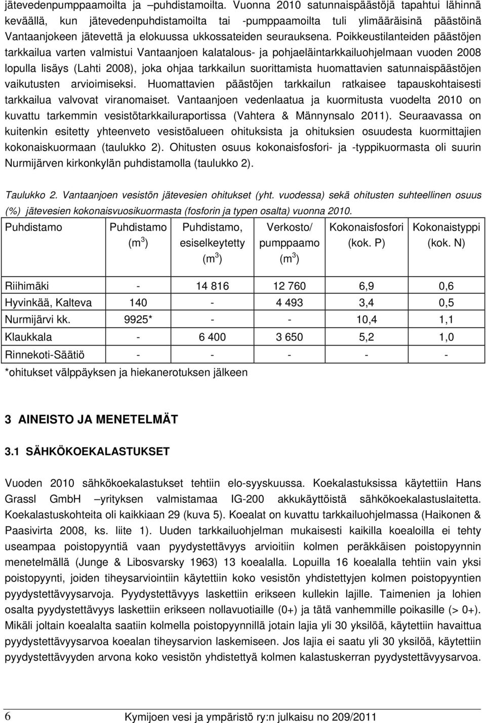 Poikkeustilanteiden päästöjen tarkkailua varten valmistui Vantaanjoen kalatalous- ja pohjaeläintarkkailuohjelmaan vuoden 2008 lopulla lisäys (Lahti 2008), joka ohjaa tarkkailun suorittamista