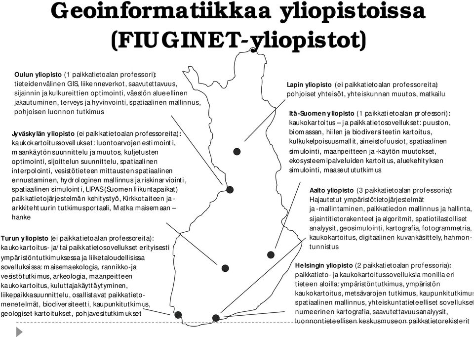luontoarvojenestimointi, maankäytönsuunnittelu ja muutos, kuljetusten optimointi, sijoittelun suunnittelu, spatiaalinen interpol ointi, vesistötieteen mittausten spatiaalinen ennustaminen, hydr ol
