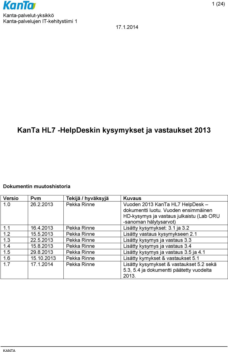 5.2013 Pekka Rinne Lisätty vastaus kysymykseen 2.1 1.3 22.5.2013 Pekka Rinne Lisätty kysymys ja vastaus 3.3 1.4 15.8.2013 Pekka Rinne Lisätty kysymys ja vastaus 3.4 1.5 29.8.2013 Pekka Rinne Lisätty kysymys ja vastaus 3.5 ja 4.