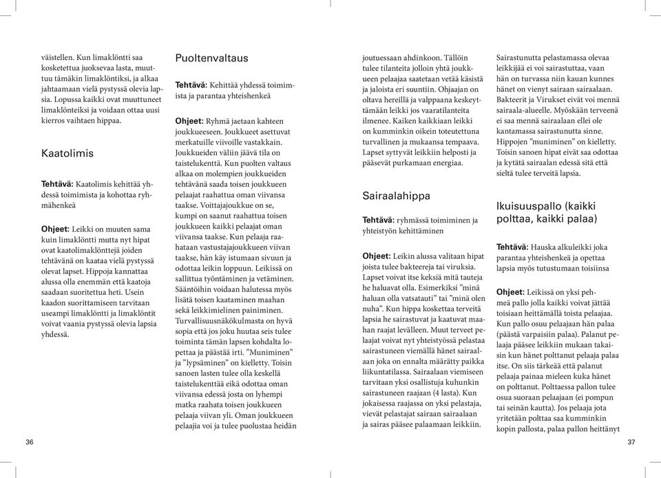 Kaatolimis Tehtävä: Kaatolimis kehittää yhdessä toimimista ja kohottaa ryhmähenkeä Ohjeet: Leikki on muuten sama kuin limaklöntti mutta nyt hipat ovat kaatolimaklönttejä joiden tehtävänä on kaataa