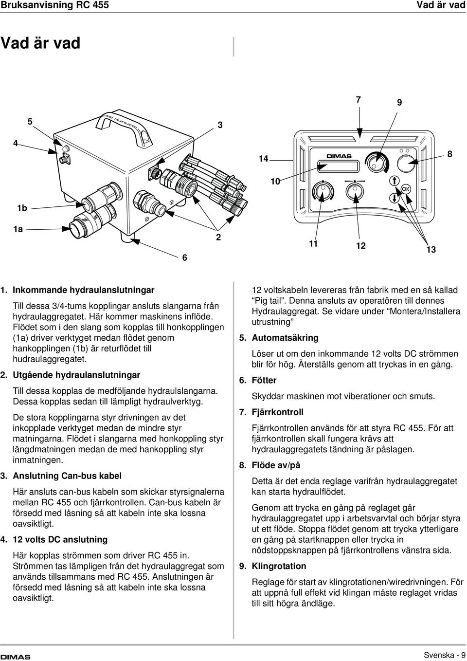 Utgående hydraulanslutningar Till dessa kopplas de medföljande hydraulslangarna. Dessa kopplas sedan till lämpligt hydraulverktyg.