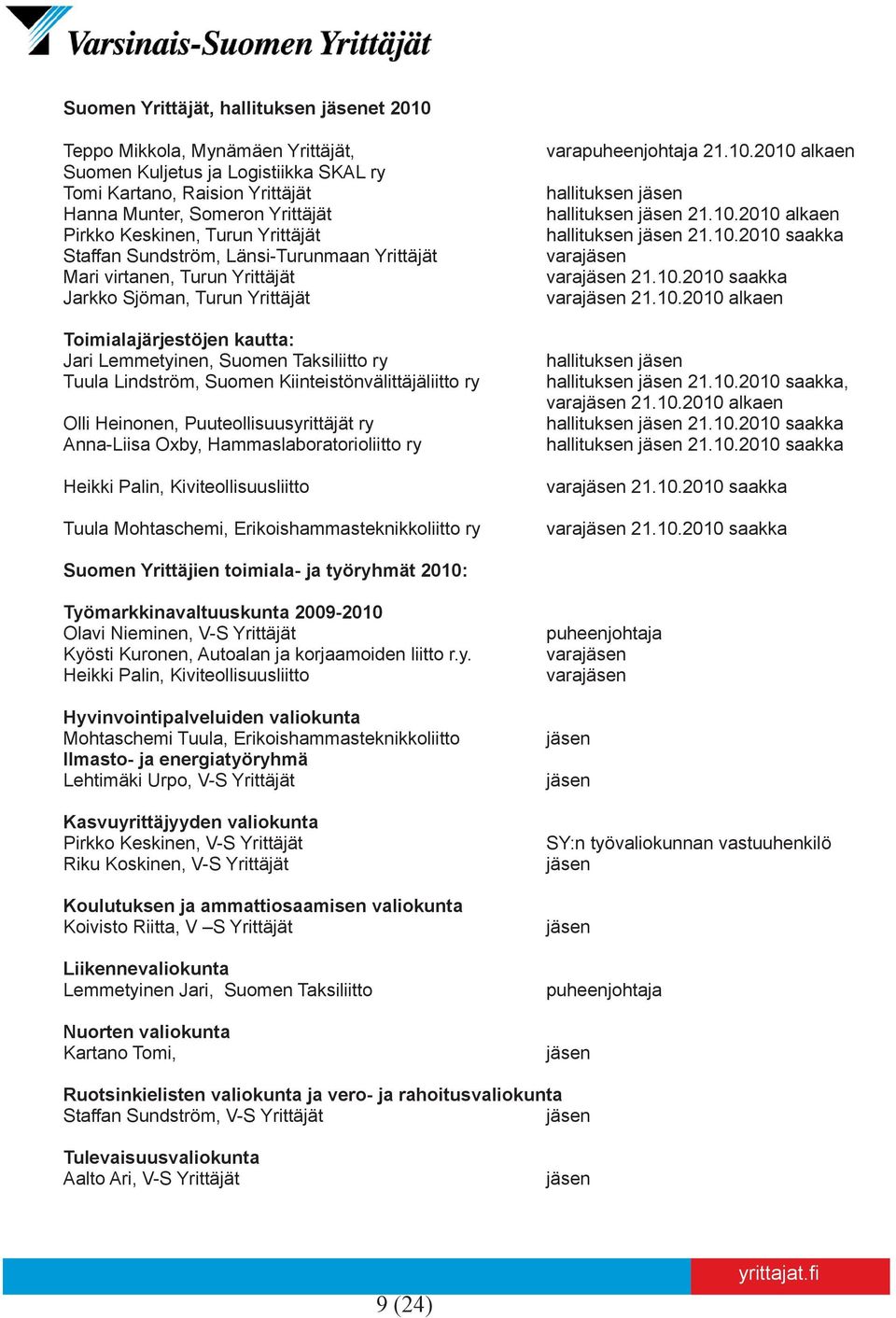 Lindström, Suomen Kiinteistönvälittäjäliitto ry Olli Heinonen, Puuteollisuusyrittäjät ry Anna-Liisa Oxby, Hammaslaboratorioliitto ry Heikki Palin, Kiviteollisuusliitto Tuula Mohtaschemi,