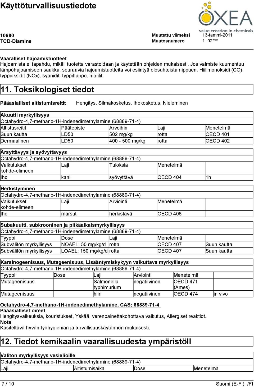 Toksikologiset tiedot Pääasialliset altistumisreitit Hengitys, Silmäkosketus, Ihokosketus, Nieleminen Akuutti myrkyllisyys Altistusreitit Päätepiste Arvoihin Suun kautta LD50 502 mg/kg Dermaalinen