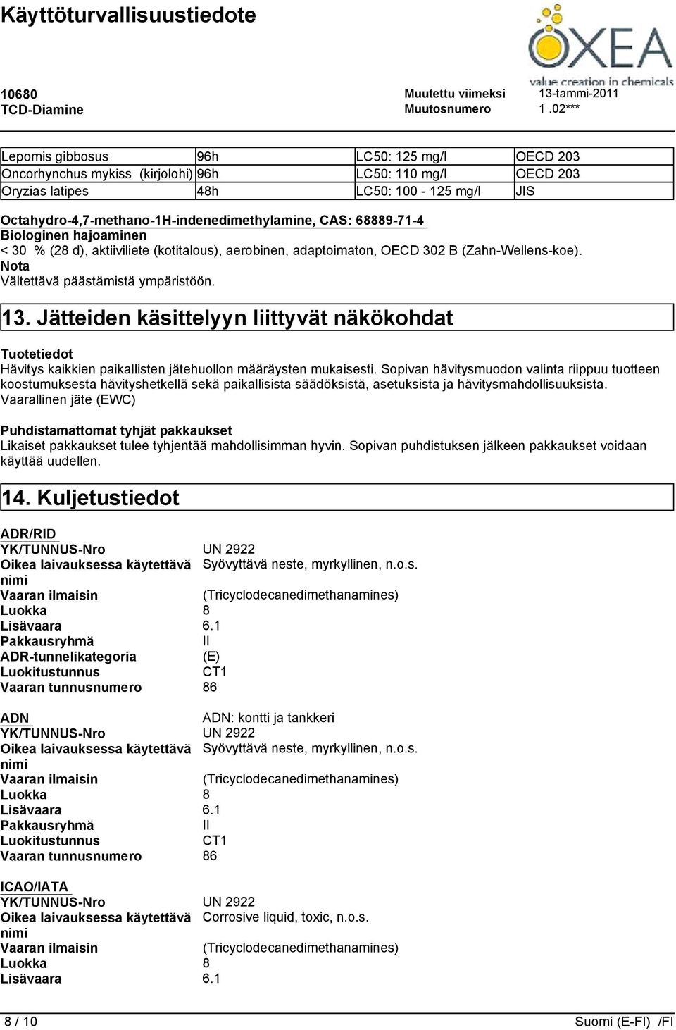 Jätteiden käsittelyyn liittyvät näkökohdat Tuotetiedot Hävitys kaikkien paikallisten jätehuollon määräysten mukaisesti.