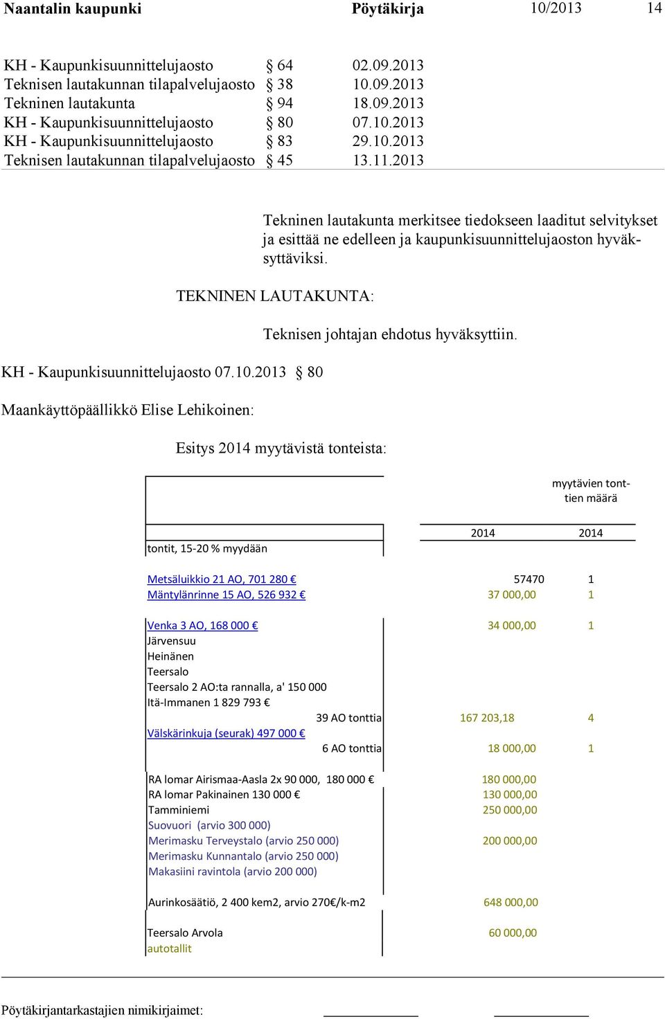 2013 Tekninen lautakunta merkitsee tiedokseen laa ditut sel vi tykset ja esittää ne edelleen ja kaupunkisuunnit te lu jaoston hyväksyttä viksi. TEKNINEN LAUTAKUNTA: KH - Kaupunkisuunnittelujaosto 07.