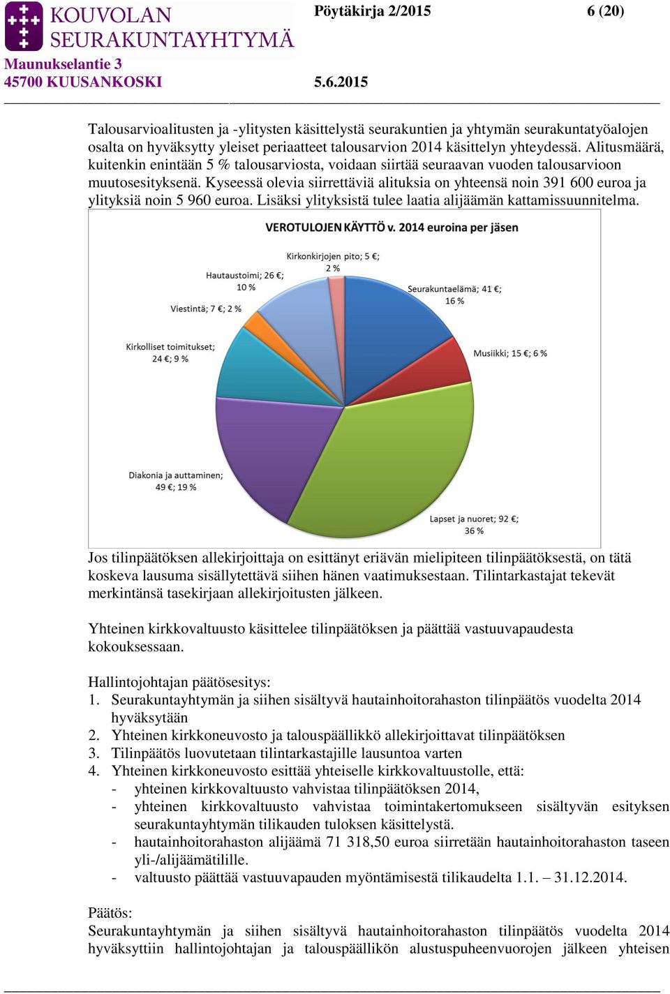 Kyseessä olevia siirrettäviä alituksia on yhteensä noin 391 600 euroa ja ylityksiä noin 5 960 euroa. Lisäksi ylityksistä tulee laatia alijäämän kattamissuunnitelma.