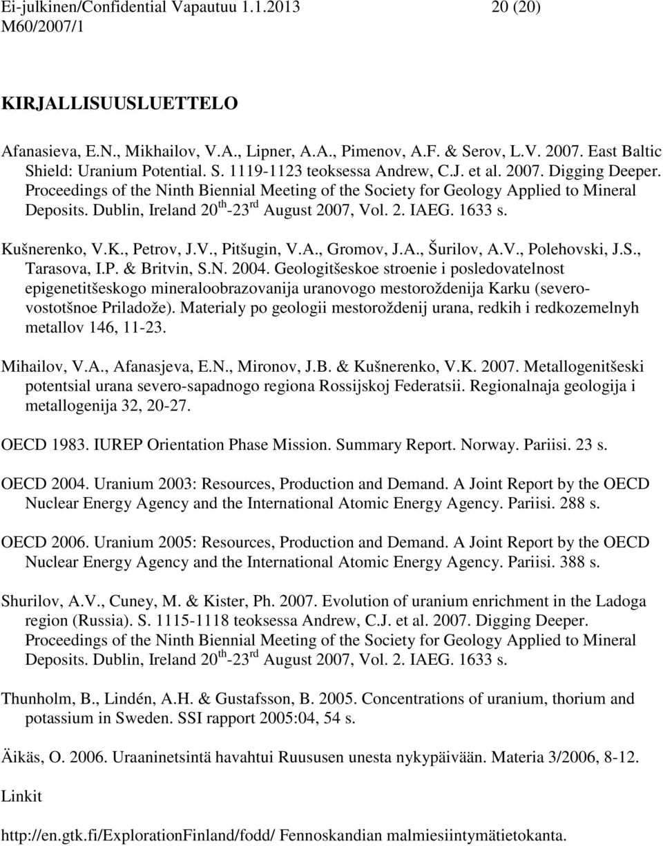 Kušnerenko, V.K., Petrov, J.V., Pitšugin, V.A., Gromov, J.A., Šurilov, A.V., Polehovski, J.S., Tarasova, I.P. & Britvin, S.N. 2004.