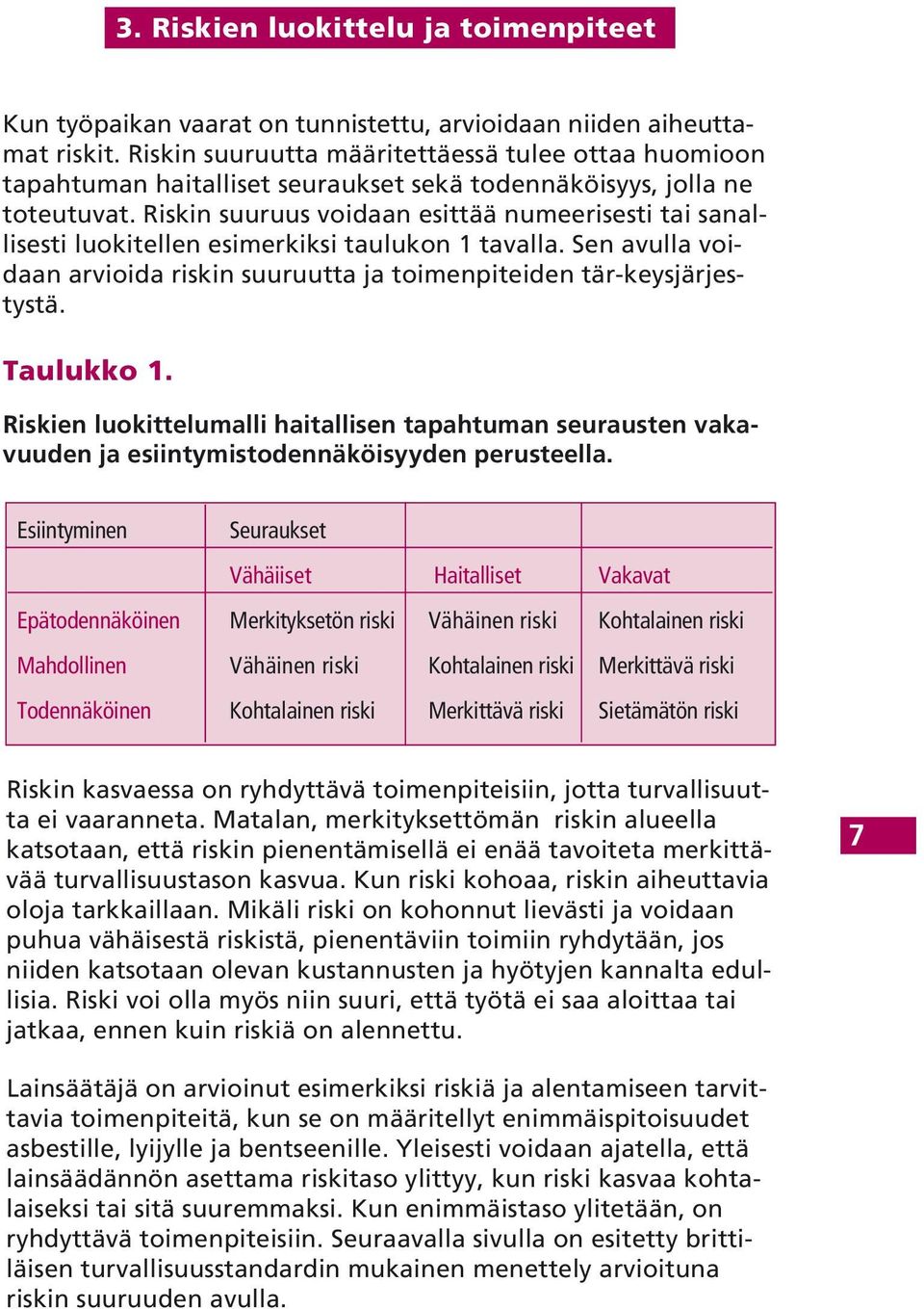 Riskin suuruus voidaan esittää numeerisesti tai sanallisesti luokitellen esimerkiksi taulukon 1 tavalla. Sen avulla voidaan arvioida riskin suuruutta ja toimenpiteiden tär-keysjärjestystä. Taulukko 1.