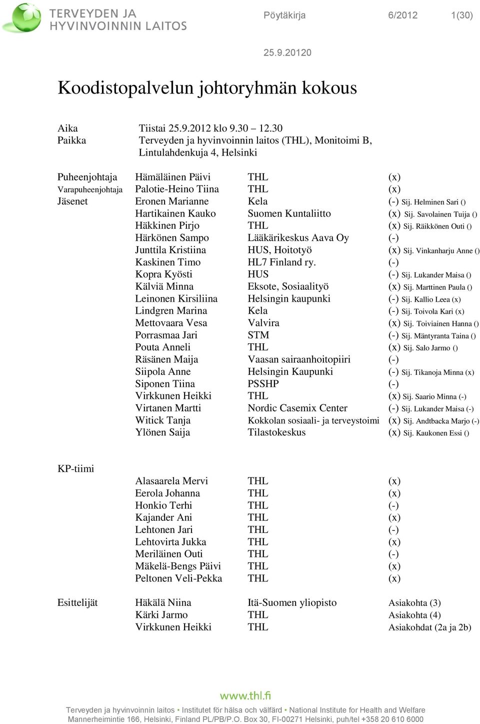 Kela (-) Sij. Helminen Sari () Hartikainen Kauko Suomen Kuntaliitto (x) Sij. Savolainen Tuija () Häkkinen Pirjo THL (x) Sij.