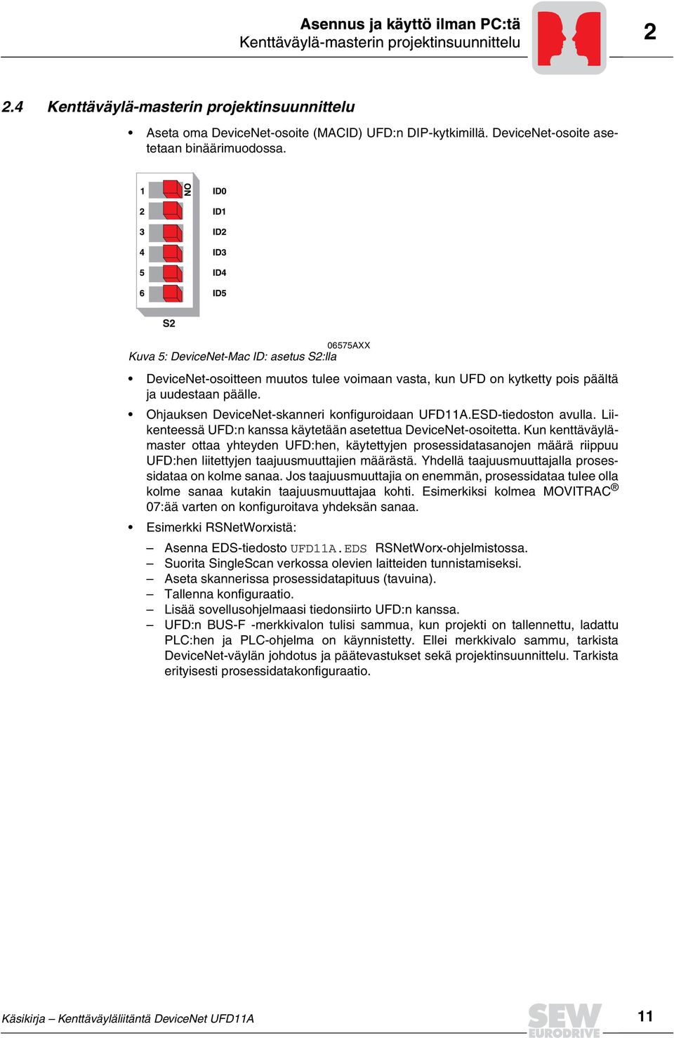 Ohjauksen DeviceNet-skanneri konfiguroidaan UFD11A.ESD-tiedoston avulla. Liikenteessä UFD:n kanssa käytetään asetettua DeviceNet-osoitetta.