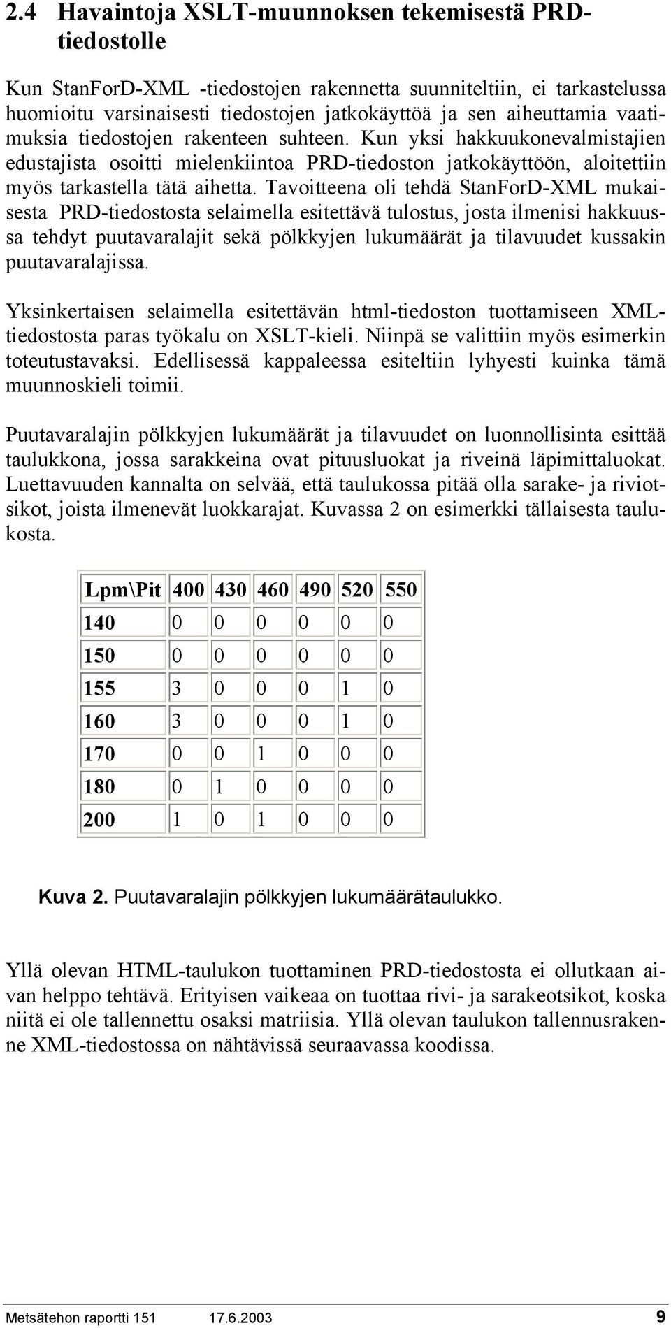 Tavoitteena oli tehdä StanForD-XML mukaisesta PRD-tiedostosta selaimella esitettävä tulostus, josta ilmenisi hakkuussa tehdyt puutavaralajit sekä pölkkyjen lukumäärät ja tilavuudet kussakin